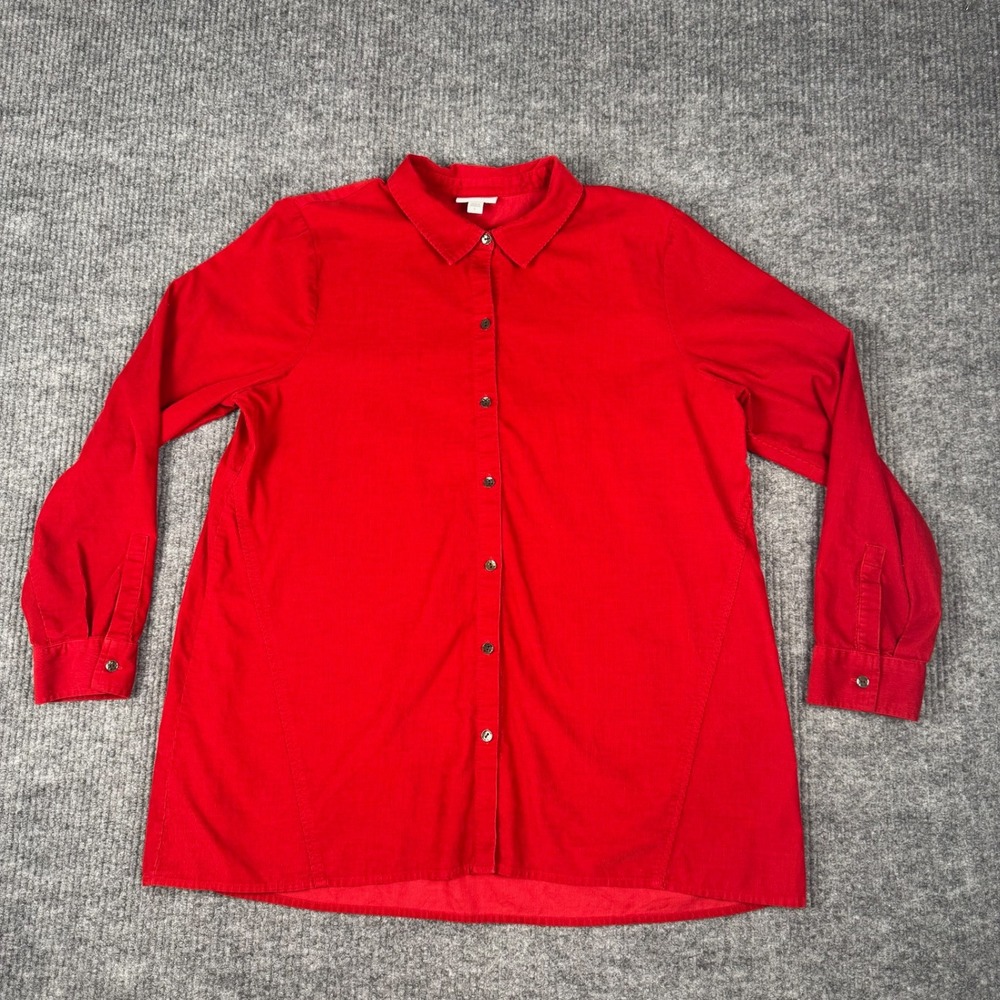 J Jill Corduroy Button Up Shirt Womens L Red Long Sleeve Tunic Holidays Preppy